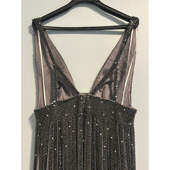 MANDALAY 10 Dress Sleeveless Metallic Fringe Mini Deep V- Neck Gunmetal Gray NWT - Picture 8 of 10